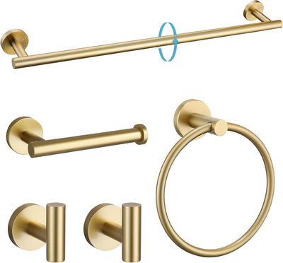 Ensemble de 5 pièces de quincaillerie de salle de bain Sumerain en acier inoxydable SUS304, porte-serviettes mural de 24 pouces, kit d'accessoires de salle de bain ronds, finition or brossé