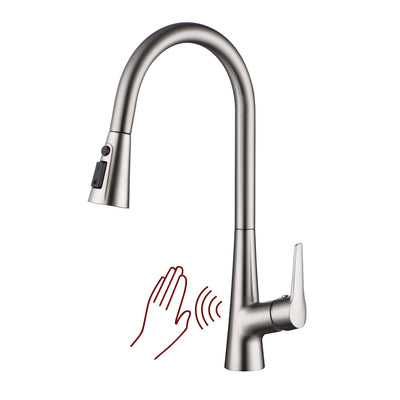 Robinet de cuisine SUMERAIN activé par capteur de mouvement avec pulvérisateur rétractable, robinet de cuisine sans contact en nickel brossé, mains libres intelligent