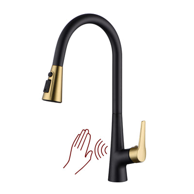 Robinet de lavabo de cuisine SUMERAIN sans contact mains libres, mitigeur à poignée unique noir et or avec capteur de mouvement et pulvérisateur rétractable