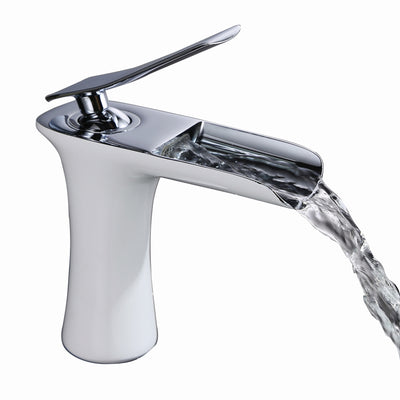 Robinet de salle de bain cascade moderne SUMERAIN, robinet de lavabo contemporain à poignée unique, finition chrome et blanc