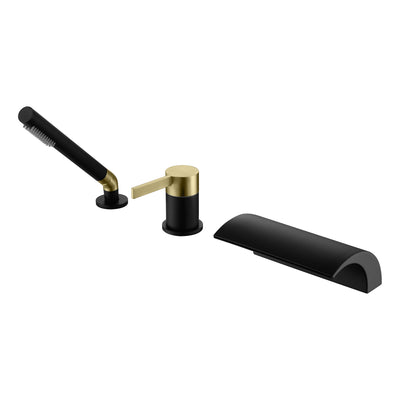 Ensemble robinet de baignoire cascade monté sur plage SUMERAIN avec douchette à main, robinet de baignoire romaine 3 trous, finition noire et or
