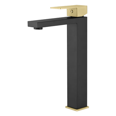 Robinet de lavabo sumerain, robinet haut pour salle de bain en acier inoxydable 304, poignée unique, trou unique, noir et or, sans plomb et économique en eau