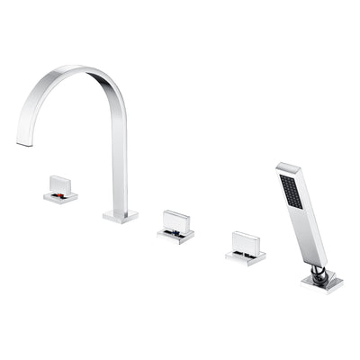 Robinet de baignoire romaine SUMERAIN 5 trous avec douchette, robinet de baignoire style cascade à montage sur plage avec valve, finition chrome, débit élevé