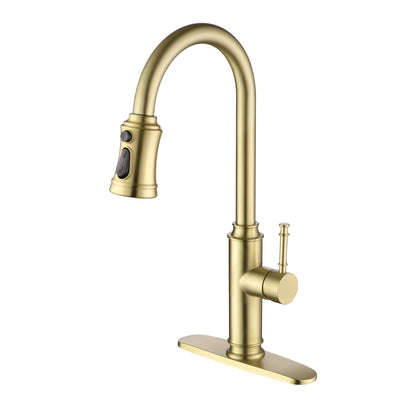 Robinet de cuisine SUMERAIN à poignée unique avec pulvérisateur extractible, robinet d'évier avec plaque de montage à 3 trous, or brossé
