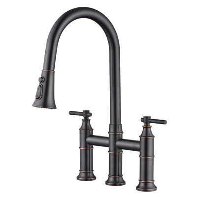 SUMERAIN Robinet de cuisine Bridge avec pulvérisateur extractible, robinet d'évier de cuisine 3 trous, 2 poignées de 8 pouces, robinet pour évier de cuisine en acier inoxydable, bronze huilé