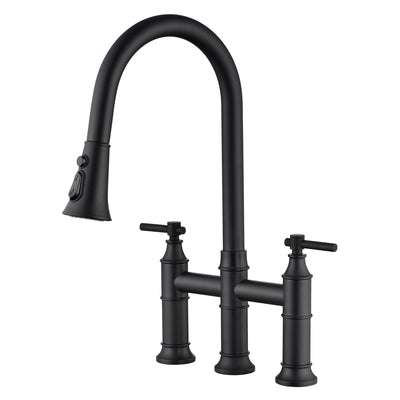 SUMERAIN Bridge robinet de cuisine avec pulvérisateur extractible, noir mat, 3 trous, 2 poignées, robinet d'évier de cuisine en acier inoxydable