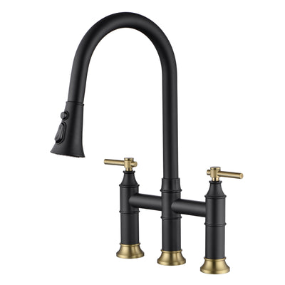SUMERAIN Bridge robinet de cuisine avec pulvérisateur extractible, 2 poignées, 3 trous, robinet d'évier de cuisine, ensemble central de 8 pouces, noir et or