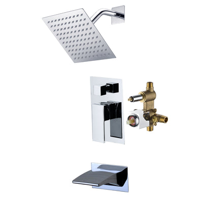 Robinet de baignoire et de douche mural moderne SUMERAIN avec poignée unique, robinet de baignoire et de douche avec pomme de douche carrée de 8 pouces et valve d'équilibrage de pression