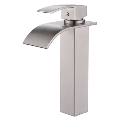 Robinet de lavabo sur vasque SUMERAIN effet cascade, robinet de salle de bain haut en nickel brossé, mitigeur monobloc en acier inoxydable à poignée unique