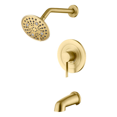 Ensemble robinet de douche moderne Sumerain avec pomme de douche à 6 jets, bec de baignoire et kit de finition avec valve, finition or brossé