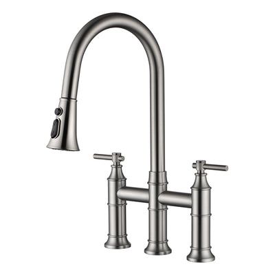 SUMERAIN Robinet de cuisine pont à 2 poignées avec pulvérisateur extractible, robinet d'évier de cuisine 3 trous en acier inoxydable, nickel brossé