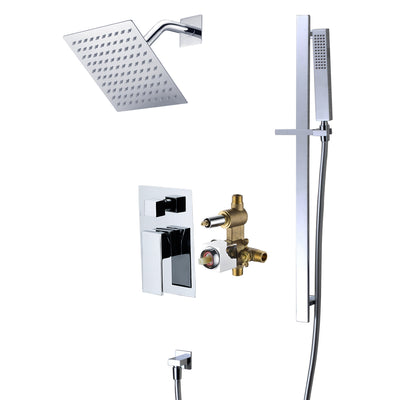 Système de douche moderne SUMERAIN avec pomme de douche carrée de 8 pouces, système de douche mural à poignée unique avec valve d'équilibrage de pression et douchette, chrome