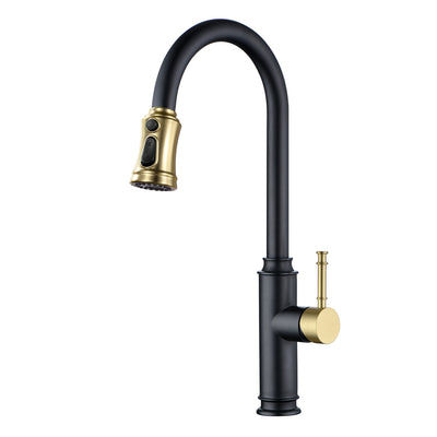 Robinet de cuisine SUMERAIN à trou unique avec pulvérisateur extractible, robinet d'évier en acier inoxydable à poignée unique avec bec pivotant, noir et or