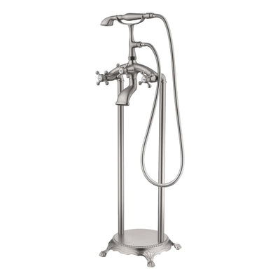 Robinet de baignoire autoportant SUMERAIN, robinet de baignoire style cascade à montage au sol avec douchette, nickel brossé, débit élevé