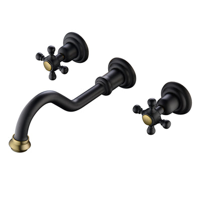 Robinet de lavabo mural vintage SUMERAIN pour vasque - robinet de lavabo à 3 trous avec poignées croisées noir et or, valve encastrée incluse