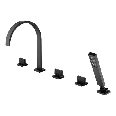 Robinet de baignoire romaine SUMERAIN noir mat à 3 poignées avec douchette, robinet de baignoire contemporain style cascade à montage sur plage 5 trous avec valve, débit élevé