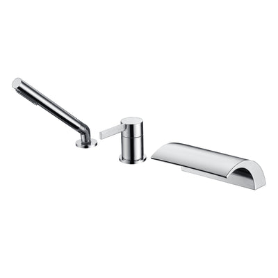 Robinet de baignoire romaine 3 trous SUMERAIN avec pulvérisateur à main, remplisseur de baignoire cascade monté sur plage à haut débit, finition chrome