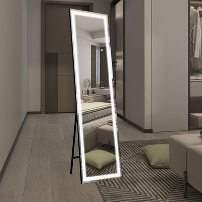 Miroir pleine longueur SUMERAIN avec lumières LED, miroir sur pied éclairé avec gradation et 3 éclairages colorés, support pour chambre, dressing, cadre noir, verre trempé incassable, 60"x16"