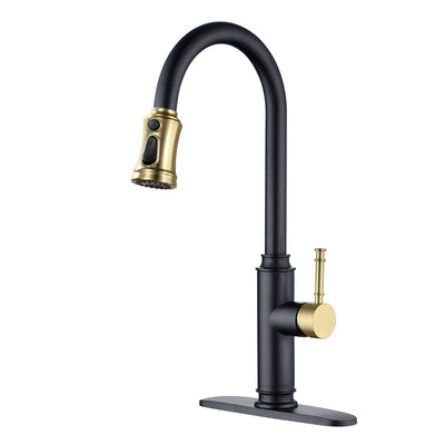 Robinet de cuisine SUMERAIN avec pulvérisateur extractible, robinet d'évier à levier unique en acier inoxydable, robinet à bec haut extractible avec plaque de montage à 3 trous, noir et or