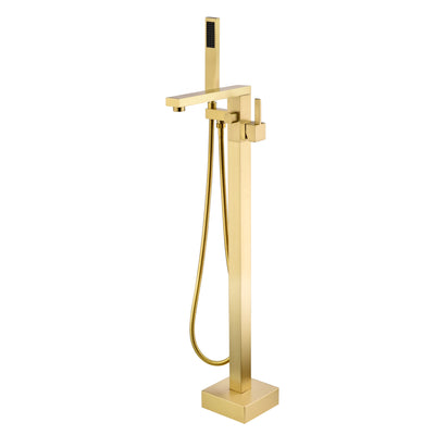 Robinet de baignoire autoportant SUMERAIN avec douchette, robinet de baignoire sur pied en laiton massif à poignée unique, finition or brossé, débit élevé