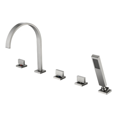 Robinet de baignoire romaine SUMERAIN finition nickel brossé, 5 trous, robinet de baignoire moderne à trois poignées style cascade avec douchette, débit élevé