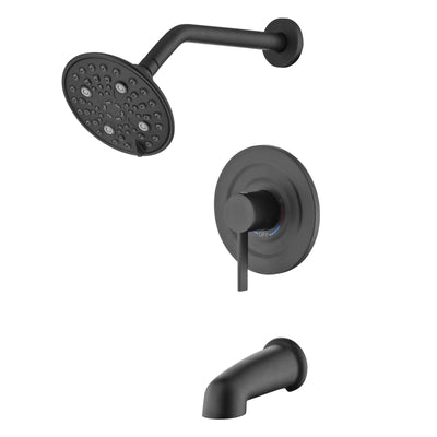 Ensemble robinet baignoire et douche moderne Sumerain noir mat avec pomme de douche pluie de 6 pouces à 6 réglages et bec de baignoire, valve incluse