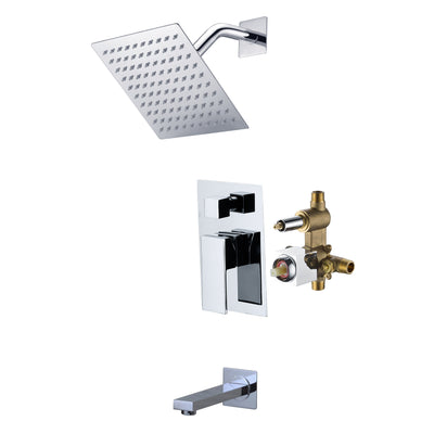Robinet de baignoire et douche mural moderne SUMERAIN avec pomme de douche carrée de 8 pouces, robinet à poignée unique avec système de valve d'équilibrage de pression, finition chrome