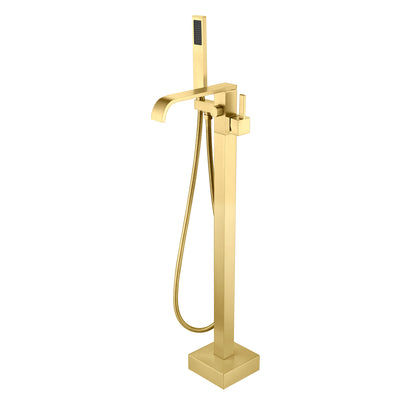 Robinet de baignoire autoportant SUMERAIN finition or brossé avec douchette, robinet de baignoire cascade moderne en laiton sur pied, débit élevé