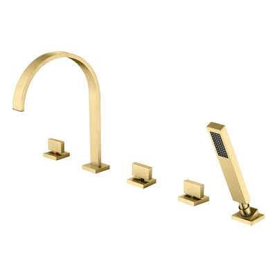 Robinet de baignoire romaine SUMERAIN finition or brossé, 5 trous avec 3 poignées, robinet de baignoire style cascade de luxe avec douchette, débit élevé