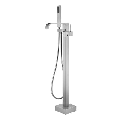 Robinet de baignoire autoportant SUMERAIN finition nickel brossé avec douchette, robinet de baignoire cascade sur pied avec bec pivotant à 360 degrés, débit élevé