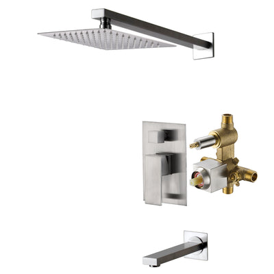 Robinet de baignoire et douche mural moderne SUMERAIN à poignée unique avec pomme de douche carrée de 8 pouces, robinet de baignoire et douche avec valve d'équilibrage de pression, finition nickel brossé