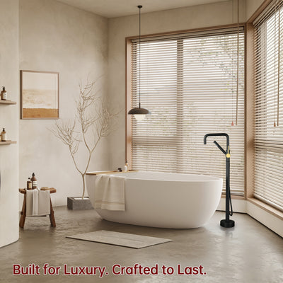 sumerain Free Standing Tub Faucet Floor Mount Tub Filler, Black and Gold Single Handle Bathroom Bathtub Faucets with Hand Shower