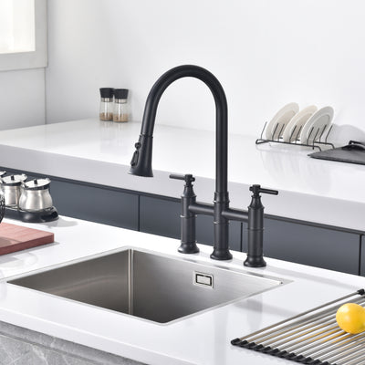 SUMERAIN Bridge robinet de cuisine avec pulvérisateur extractible, noir mat, 3 trous, 2 poignées, robinet d'évier de cuisine en acier inoxydable