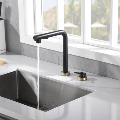 SUMERAIN Robinet d'évier de cuisine 2 trous avec pulvérisateur extractible et poignée latérale, noir et doré