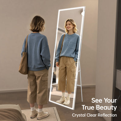 Miroir sur pied LED Sumerain 75"x28" avec éclairage, cadre blanc, miroir pleine longueur avec variation d'intensité et 3 températures de couleur, miroir corps entier pour chambre, dressing, vestiaire