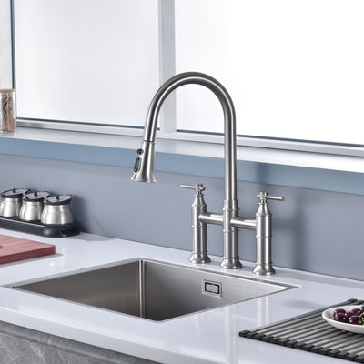 SUMERAIN 2-Handle Bridge Kitchen Faucet with Pull Down Sprayer, 3 Hole Kitchen Sink Faucet Stainless Steel, Brushed Nickel
