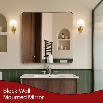 Grand miroir de salle de bain SUMERAIN, miroir mural 38x38 pouces avec cadre en aluminium et verre trempé noir mat, se suspend horizontalement ou verticalement, facile à installer