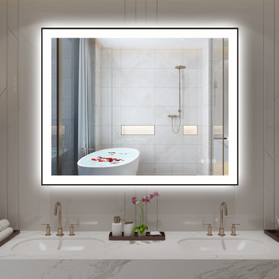 Miroir de salle de bain LED Sumerain 40"x32" avec cadre noir, miroir de maquillage LED anti-buée à variation d'intensité avant et arrière pour mur, 3 températures de couleur