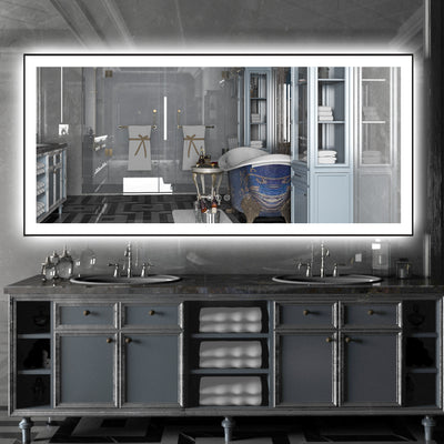 Grand miroir de salle de bain LED Sumerain 60"x28" avec lumières, miroir de maquillage anti-buée à intensité variable avec éclairage avant et arrière, fonction mémoire, miroir mural éclairé à 3 températures de couleur, verre trempé