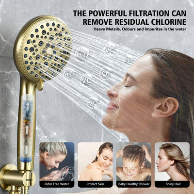 Pomme de douche filtrée SUMERAIN avec filtre pour eau dure - 9 modes de pulvérisation, blocage du tartre FOF et soin de la peau à la vitamine C, cartouche remplaçable tous les 3 mois pour Californie/Texas/Illinois, or brossé