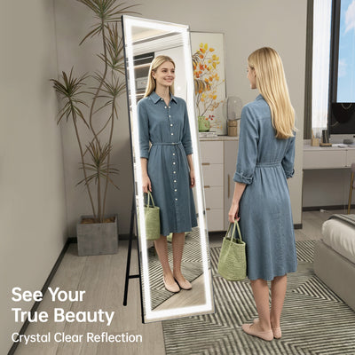 Miroir pleine longueur SUMERAIN avec lumières LED, miroir sur pied éclairé avec gradation et 3 éclairages colorés, support pour chambre, dressing, cadre noir, verre trempé incassable, 60"x16"
