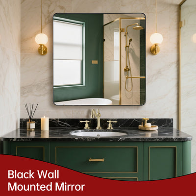 Miroir de salle de bain SUMERAIN, grand miroir mural 36x36 pouces avec cadre noir mat et coins arrondis, verre trempé incassable pour entrée, salon et style ferme