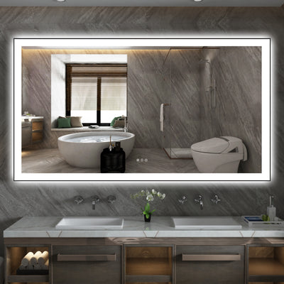 Miroir de salle de bain LED Sumerain 72 x 40 pouces avec lumières, grand miroir mural avec cadre en aluminium noir, éclairage avant et arrière, anti-buée, intensité variable sans palier, éclairage 3 couleurs, fonction mémoire, verre trempé