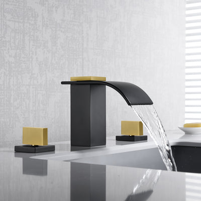 SUMERAIN 8" Widespread Bathroom Faucet 3 Hole Waterfall Basin Faucet Black and Gold Finish