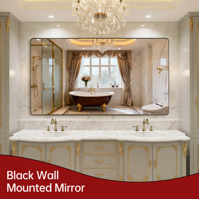 Miroir de salle de bain SUMERAIN encadré en aluminium noir pour mur, grand miroir de toilette rectangle arrondi 72x40 pouces, se suspend horizontalement ou verticalement