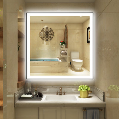Miroir de salle de bain LED Sumerain 36 x 36 pouces avec lumières, miroir de maquillage intelligent à intensité variable avec cadre en aluminium noir pour mur, 3 températures de couleur, anti-buée