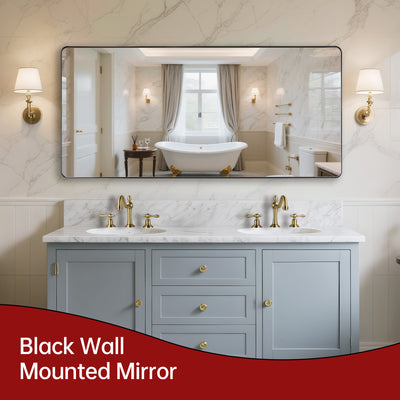 Miroir de salle de bain SUMERAIN 60x28 pouces, grand rectangle arrondi, miroir encadré en métal noir avec verre trempé incassable pour salle de bain