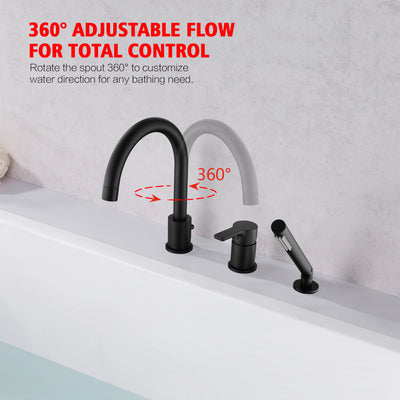 3 Holes Deck Mount Matte Black Roman Tub Faucet with Handheld Shower Sprayer