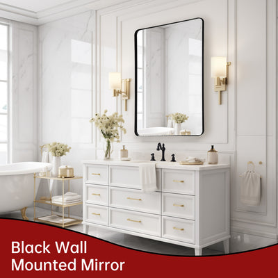 Miroir de salle de bain moderne SUMERAIN, miroir mural encadré en aluminium noir mat 24x36 pouces avec verre trempé, parfait pour une décoration contemporaine de salle de bain ou chambre