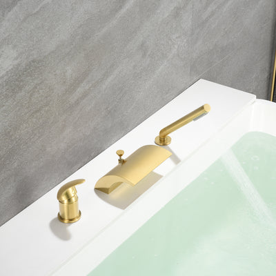 sumerain 3 Hole Roman Tub Faucet with Hand Shower, High Flow Single Handle Waterfall Bathtub Filler Brushed Gold Finish
